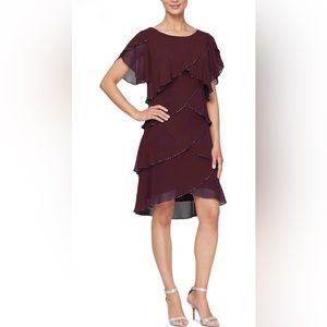 New SLNY Tulip Tiered Chiffon Dress Aubergine Sz 16P